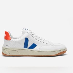 V-12 Sneaker in White, Indigo & Orange Fluo
